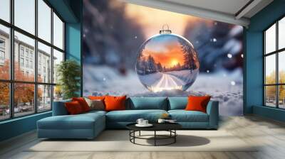 Happy snowman in the christmas bauble over the winter. Generative Ai Wall mural