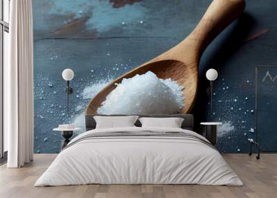 Healthy sea salt on wooden spoon Wall mural