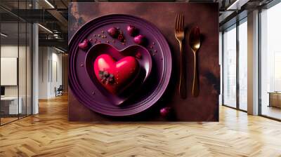 Heart-shaped plate and Valentines Day decorations on table food Wall mural