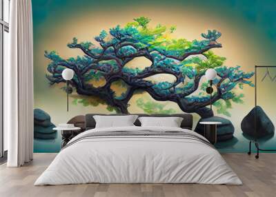 Japanese style illustration of spiritual tree on rocks Wall mural