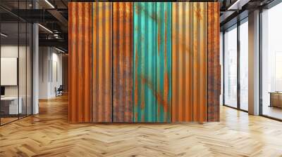 oxidized copper patina corrugated sheet metal grunge background texture. Generative Ai Wall mural