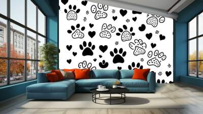 Seamless dog pattern and balls. Cat foot texture. Pattern with doggy pawprint and bones. Dog texture. Hand drawn vector illustration in doodle style on white background, realistic. Generative Ai Wall mural