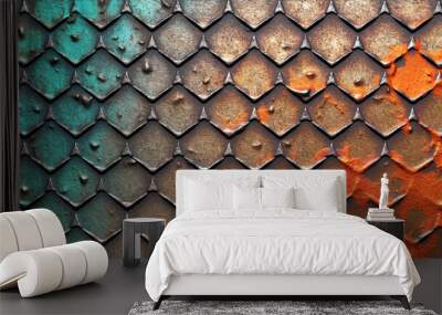 Seamless oxidized copper patina metal diamond plate grunge background texture. Generative Ai Wall mural