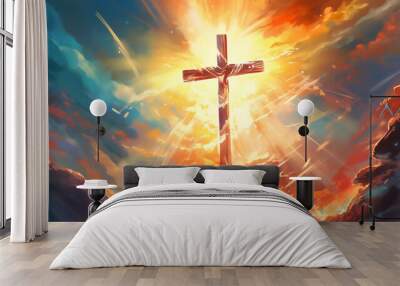 Spiritual illustration jesus cross christianity background. Generative Ai Wall mural