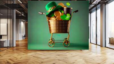 St patrick sale background supermarket shopping trolley with shamrock clover leaves leprechaun hat decor golden coins and chocolates in form of symbol of st patrician day, realistic. Generative Ai Wall mural