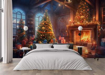 Stylish Christmas interior with decorated fir tree and fireplace. Generative Ai Wall mural