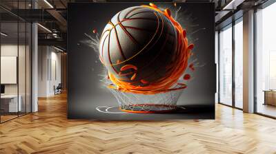 The orange basketball ball flies through the basket. Generative Ai Wall mural