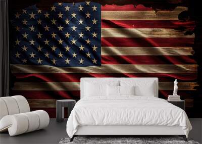 usa flag lying on wooden background. Generative Ai Wall mural