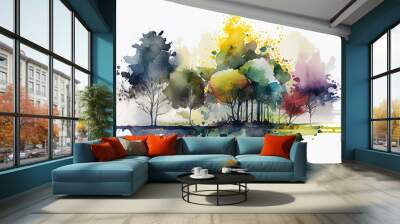 Watercolor landscape with trees abstract nature background. Generative Ai Wall mural