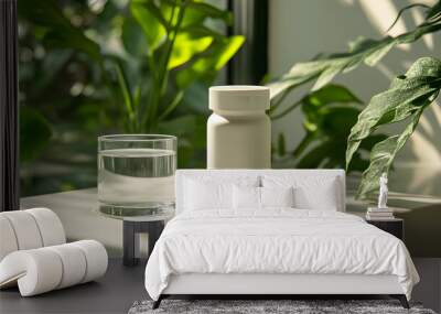 Minimalist still life of a white pill bottle and a glass of water on a sunlit surface surrounded by lush green plants, creating a serene and health-focused atmosphere. Wall mural