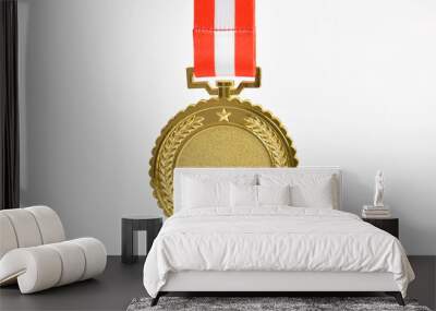 Gold medal with red and white ribbon isolated on white background. First place winner athlete. Medal for school, university or national sport competition or olympiad. Award and victory concept Wall mural