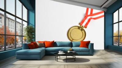 Gold medal with red and white ribbon isolated on white background. First place winner athlete. Medal for school, university or national sport competition or olympiad. Award and victory concept Wall mural