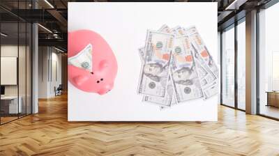 Pink piggy bank and US dollars notes isolated on white background. Cash savings. Finance and Investment concept Wall mural