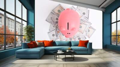 Pink piggy bank and US dollars notes isolated on white background. Cash savings. Finance and Investment concept Wall mural