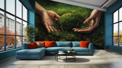 a person holding green sand in the shape of earth in two hands Wall mural