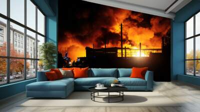 Burning industrial building. Big blaze and smoke at night Wall mural