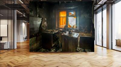 burnt apartment house interior. burned furniture and charred walls in black soot Wall mural