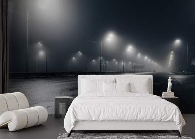 Foggy misty night road illuminated by street lights Wall mural