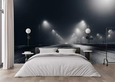 Foggy misty night road illuminated by street lights Wall mural