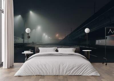 Foggy misty night road illuminated by street lights Wall mural