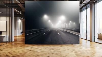 Foggy misty night road illuminated by street lights Wall mural