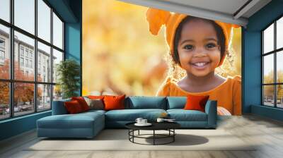 Create a cheerful photo of a little African girl wearing a pumpkin costume. She should be set against a field background with light pastel tones and sunny bright day, featuring stacked pumpkins Wall mural