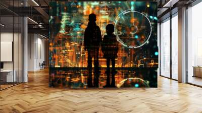 diversity of realms, 
realism, Extra Long Shot (ELS), silhouette of two children, futuristic technology background, natural lighting, futuristic technology high resolution hyper-detailed Wall mural