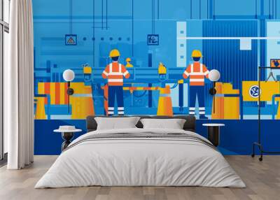 flat vector illustration blue colours showing workers wearing ppe adhering to health and safety guidance with barriers and safety equipment Wall mural