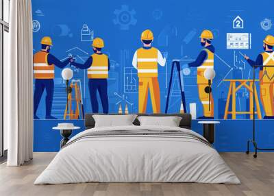 flat vector illustration blue colours showing workers wearing ppe adhering to health and safety guidance with barriers and safety equipment Wall mural