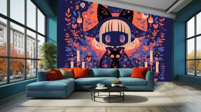 T-shirt design with a bold outline, a cute cartoon witch's black cat, and an orange pumpkin in the middle, surrounded by two bats, stars, a moon, candles, and hearts on a pure solid background.  Wall mural