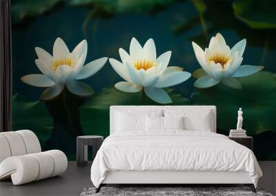 three beautiful blooming lotus flowers, two green lotus leaves, natural light, aerial and live shots, 16k high-definition image quality,macroshot Wall mural