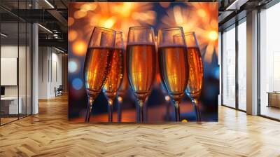 A group of champagne glasses clinking together, with subtle fireworks in the distance.  Wall mural