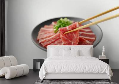 A plate of raw beef alone on a white background Wall mural