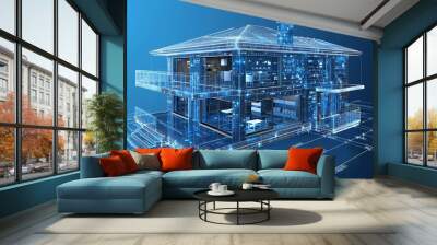 3D wireframe representation of a modern home, with a blue background, showcasing the structure and design details Wall mural