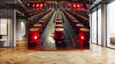 A close-up image of the red illuminated knobs on an audio mixing console, showing the intricate details of the equipment Wall mural