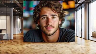 A close-up portrait of a young man with curly brown hair, wearing a black t-shirt, smiling at the camera. The background is blurred and shows an urban setting with colorful lights Wall mural