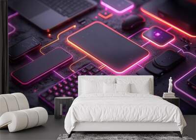 A computer glowing with neon lights, creating a futuristic and vibrant display Wall mural