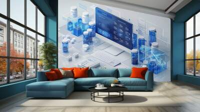 A computer screen displaying data with many blue bottles and boxes around it Wall mural