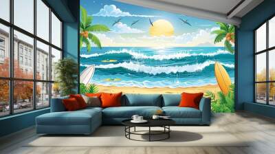 A digital illustration of a tropical beach scene with palm trees, surfboards, and a setting sun Wall mural