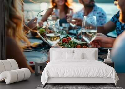 A diverse group of individuals happily dining together on a boat, surrounded by water and enjoying the scenic views Wall mural