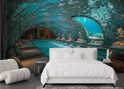 A luxurious indoor swimming pool with a unique cave-like ceiling featuring an underwater view. The pool is surrounded by lounge chairs, creating a relaxing and serene atmosphere Wall mural