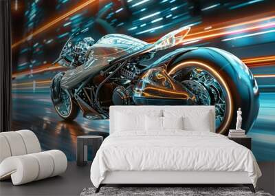 A motorcyclist rides down a bustling city street at night, streaks of lights from passing cars illuminate the scene Wall mural