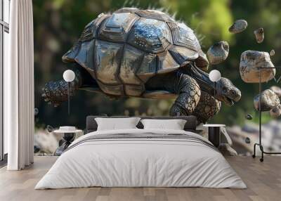 A tortoise slowly float over a pile of rocks in a natural habitat Wall mural