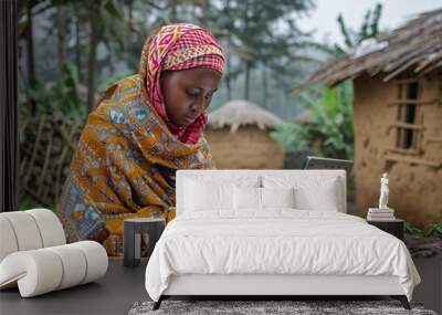 A woman in a colorful headscarf sits outside a hut in a rural African village, using a laptop computer Wall mural