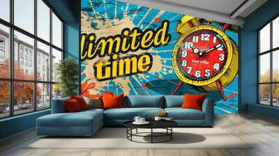 An illustration featuring a vintage alarm clock with the text limited time on a blue background with white splatters Wall mural