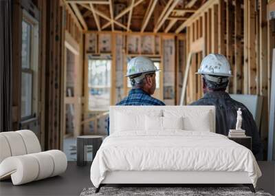 Two construction workers wearing hard hats are standing inside a room with exposed wood framing, possibly discussing building plans Wall mural