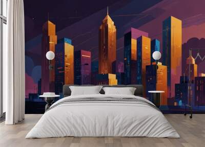 Stylized cityscape depicts a series of tall buildings lit by the setting sun Wall mural