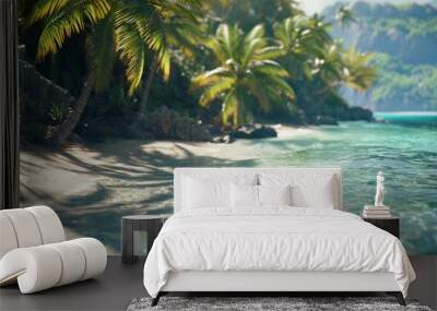 Tranquil Tropical Beach with Clear Water and Palm Trees Wall mural