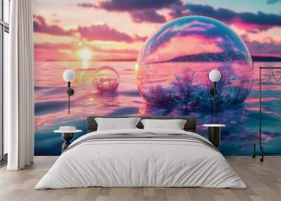 Two Crystal Spheres on a Pink Sunset Sea Wall mural