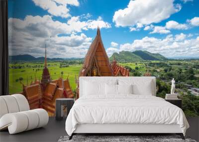 Above view of golden church with big buddha statue and rice field in Wat Tham Sua temple Wall mural